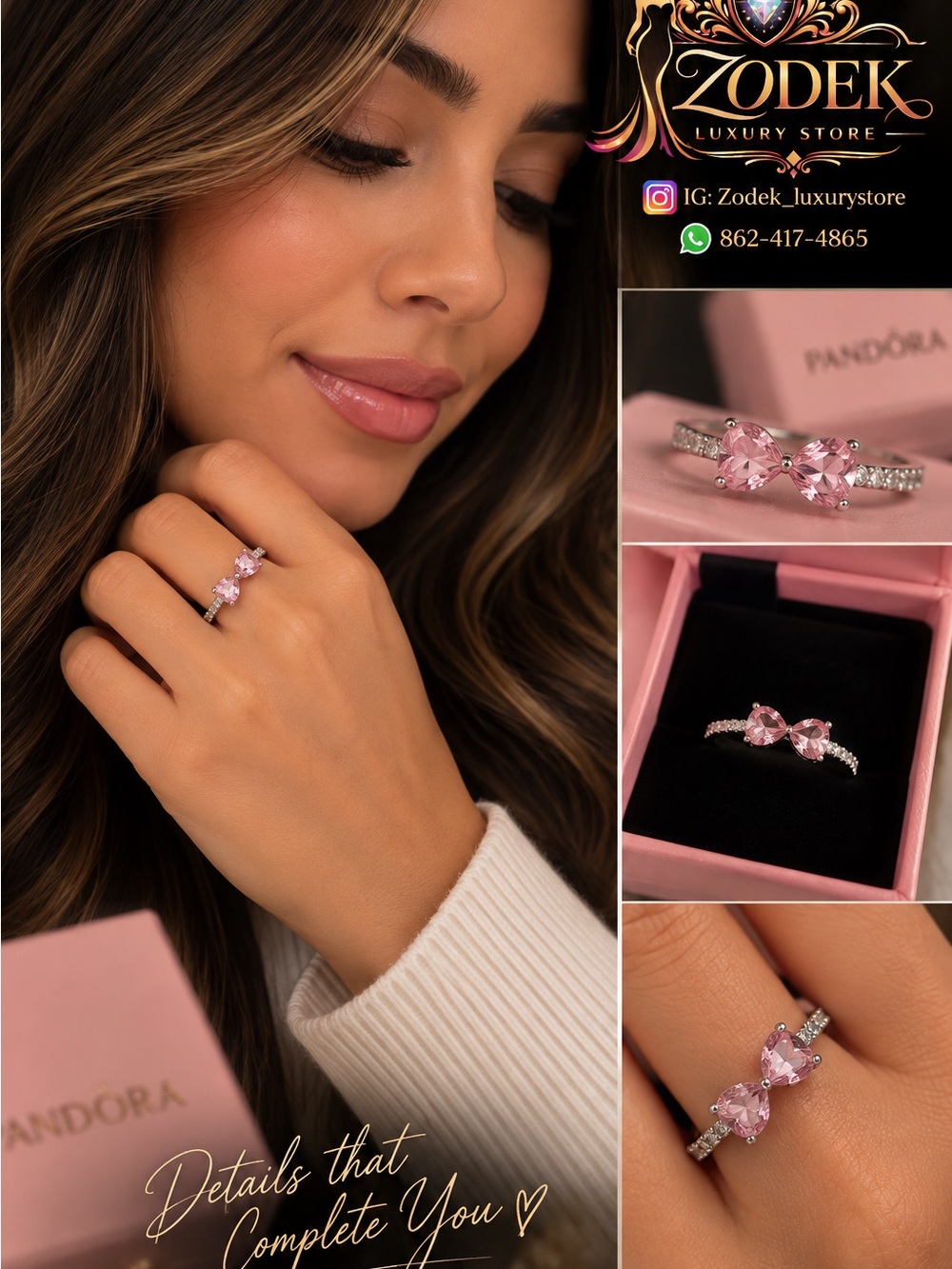 Pandora Pink Heart Crystal Bow Ring with Pavé Accents size #7